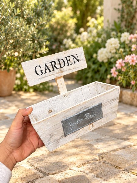 حوض زرع خشبي أبيض بتصميم ريفي ولوحة Garden
